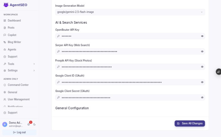 API Keys Configuration Panel