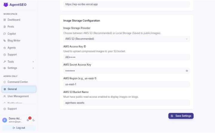 AWS S3 Storage Configuration Panel