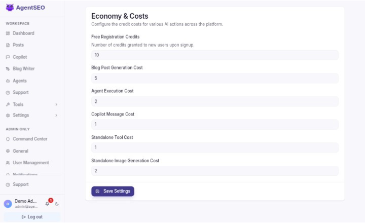 Economy and Costs Settings Panel
